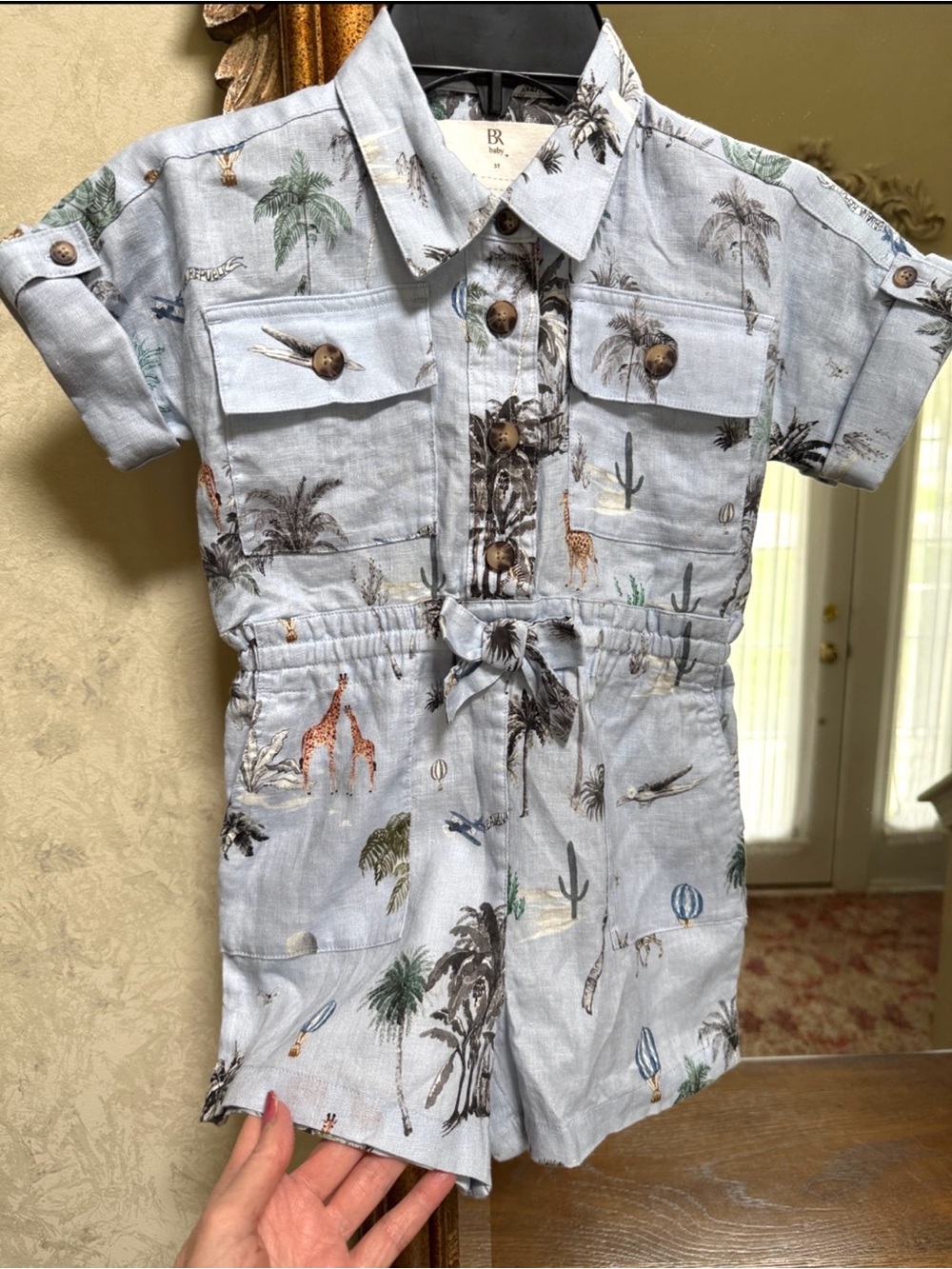 New w/o tag. Banana Republic-BR Baby Light Blue Safari-Print Kids Romper. Sz 3T.